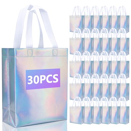 NEOACT 30 Pcs Iridescent Gift Bags Medium Size,Glossy Holographic Reusable Gift Bags with Handles,Ideal Goodie Bag for Birthday,Wedding,Christmas,Party Favor - 7.8x3.9x10 Inch