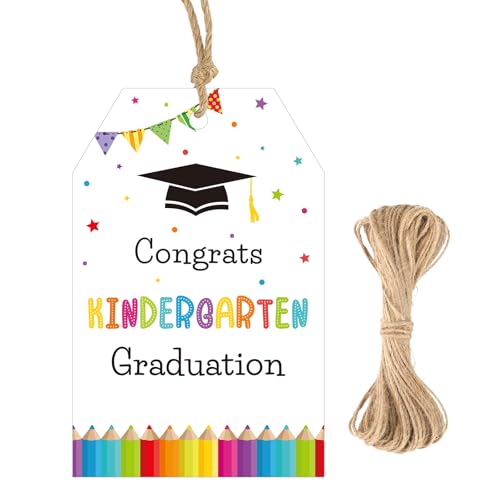 G2PLUS Graduation Gift Tags - 50Pcs Congrats Kindergarten Graduation Tags, White Paper Gift Tag with String for Class of 2026 Graduate, Preschool Congratulate Party Favors - style: Kindergarten Graduation