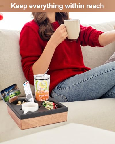 Couch Cup Holder Tray, Silicone Acacia Wooden Couch Caddy with Cup Holder for Snacks, Drinks, Remotes, Waterproof Cup Holder for Couch, Organizer, Movie Night Snack Trays - color: Black