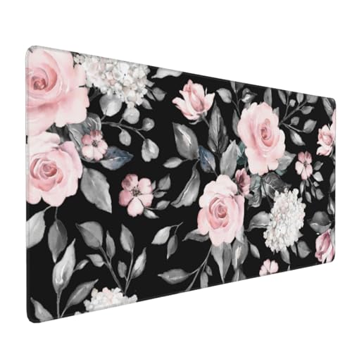 Floral Extended Gaming Mouse Pad Non-Slip Rubber Base Black Large Mousepad 35.4×15.7in with Stitched Edge Waterproof Pink Peony Flowers Pads Computer Black Desk Laptop Mats for Work Game/Office Home - color: Flower, size: 35.4x15.7 Inch