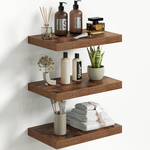Fun Memories Floating Shelves for Wall 16 Inch Set of 3, Farmhouse Floating Shelves with Invisible Heavy Duty Bracket, 10 Inch Deep Bathroom Shelves for Storage, Living Room, Kitchen, Decor, Brown - color: Brown, size: 16"W x 10"D - 3P