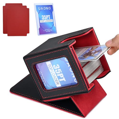 UAONO Card Deck Box with MTG Commander Display, Deck Case Holds 100+ Double-Sleeved Cards, Trading Card Storage Box Fits TCG/PTCG/Sports Card with 2 Dividers, 1 Top Loaders (Black, Red) - color: A-Black&Red