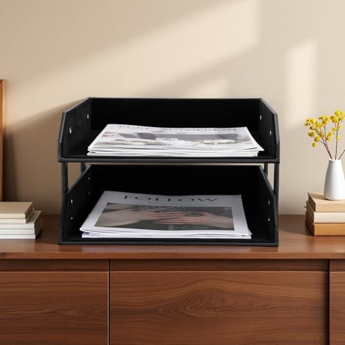 KINGFOM Letter Tray, Leather Paper Organizer Tray, Wooden Desk File Holder, Desktop File, Stackable Magazine Holder, Mail Sorter, Great for Home or Office - 2 Level Black - color: Black, size: 10.8" x 13.8" x 7.2"