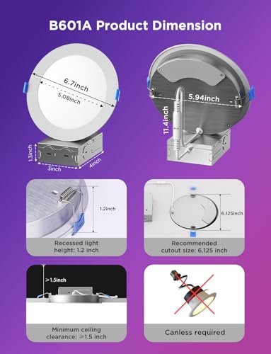 Govee Smart Recessed Lighting 6 Inch, Wi-Fi Bluetooth Direct Connect RGBWW LED Downlight, 65 Scene Mode, Canless Recessed Light Work with Alexa & Google Assistant with Junction Box, 1100 Lumen, 4 Pack - size: 6 Inch
