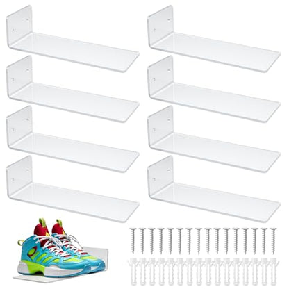 8 Pieces Floating Shoe Racks, Clear Acrylic Floating Shoe Display Shelves with Screws and Anchors, 8 X 3 Inch Floating Shoe Shelves for Wall, Great for Bedroom, Gaming Room, Sneaker Collection