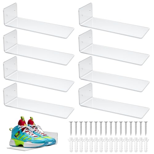 8 Pieces Floating Shoe Racks, Clear Acrylic Floating Shoe Display Shelves with Screws and Anchors, 8 X 3 Inch Floating Shoe Shelves for Wall, Great for Bedroom, Gaming Room, Sneaker Collection