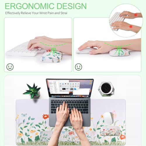Petmolico Mouse Pad Set with Computer Keyboard Desk Pad,Mouse Pad with Wrist Rest,Typing Wrist Pad and Cup Coasters,Ergonomic Design for Typing Pain Relief【Silver,Wild Flowers】 - color: Silver