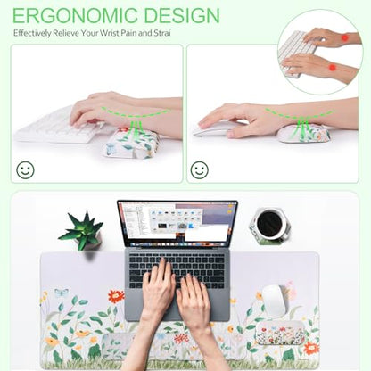 Petmolico Mouse Pad Set with Computer Keyboard Desk Pad,Mouse Pad with Wrist Rest,Typing Wrist Pad and Cup Coasters,Ergonomic Design for Typing Pain Relief【Silver,Wild Flowers】 - color: Silver