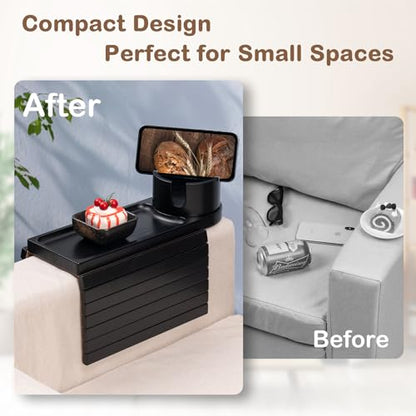 Couch Cup Holder Tray for Armrests Over 4.9" Wide, Bamboo Couch Arm Tray with 360° Rotating Phone Stand, 3 in 1 Foldable Sofa Arm Tray Table for Remote, Snacks, Phone, Drinks Black - color: Black+bamboo