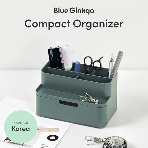 BLUE GINKGO Compact Desk Organizer – Small 5-Compartment, Half Drawer Storage – Pen Holder, Stationery Organizer for Desktop, Vanity, Shelf (Made in Korea, Green) - color: GREEN, size: Compact