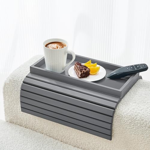 LOVYANXUE Bamboo Sofa Arm Tray, Anti Falling Couch Arm Tray Table, Foldable Couch Armrest Table, Portable Sofa Armrest Trays Cup Holder for Drink, Cups, Phone, Snacks, Remote - color: Gray, size: Large (without Phone Holder)