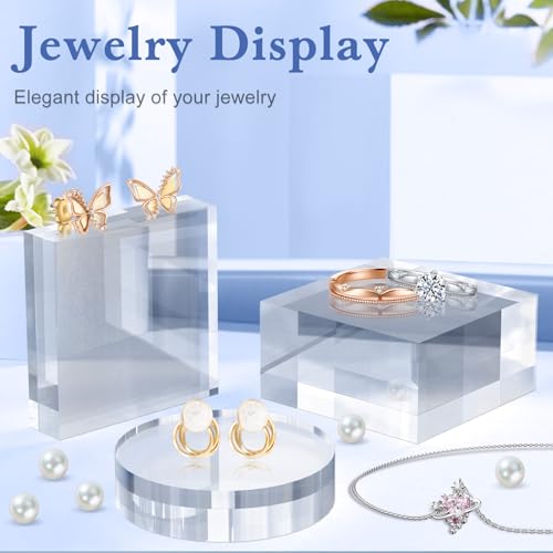 SAMYUCHO Acrylic Blocks 3 X 3 X 1 Inch 4 Pcs Acrylic Base Stand for Display Clear Block Round Riser Display Stands Pedestal Polished Cube for Jewelry trophy Props Collection Ring