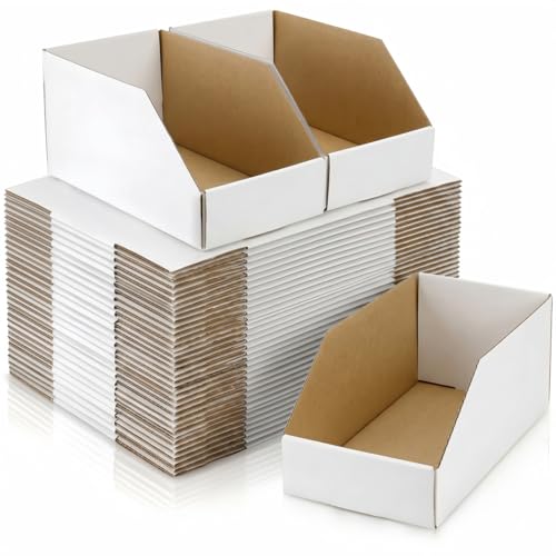 Tlence 35 Pack Cardboard Storage Bins, 12" x 6" x 4.5" Corrugated Open Top Box, White Pantry Shelf Organizer Bins for Parts Snacks, Ideal for Garage Warehouse Home Packing Moving, Easy Assembly
