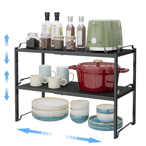 2 Pack 11” Depth Expandable Kitchen Cabinet Organizer Shelves, Metal Kitchen Countertop Organizers and Storage Shelving, Heavy Duty Stackable Storage Rack Shelf For Pantry Cupboard Counter Tabletop - color: Black