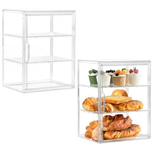 Bakery Display Case, 3 Layer Clear Acrylic Pastry Display Case, 2 Pack | Countertop Bread Box with 2 Adjustable Shelves, Magnetic Door, Display for Kitchen and Events, Size 10.6 x 8.7 x 14.2 Inches - color: Transparent 2 Pack