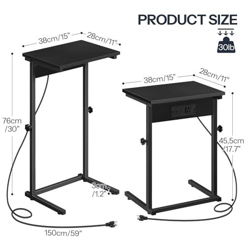 HOOBRO C-Shaped End Table with Charging Station, Adjustable Height Sofa Tray Side Table, Slide Under Couch Arm Table, Small C Side Table for Small Space in Living Room, Bedroom, Black BB71USF01 - color: Black