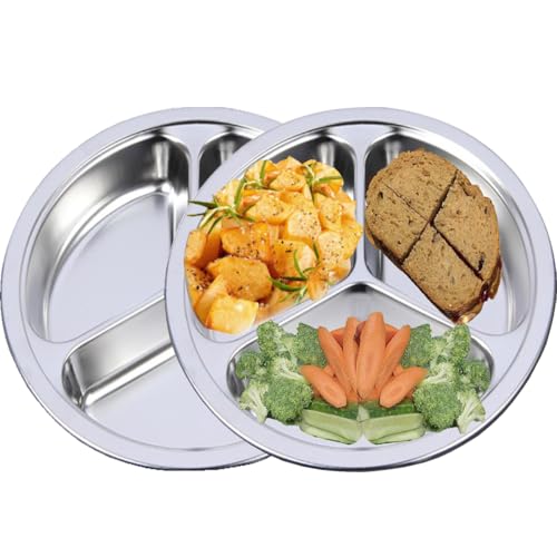 Stainless Steel Divided Plates 2 Pack 9.5 Inch Portion Control Plate 3 Sections Mess Trays for Adults Bariatric Weight Loss & Diabetic Diet, Reusable Camping Food Tray Unbreakable Lunch Plates - size: 9.5 Inch (3 Sections)