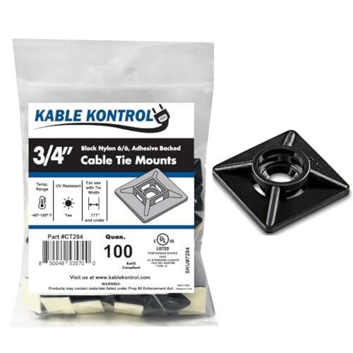 Kable Kontrol Zip Tie Mounts, 3/4” Sq, Black, 100 Pcs, Adhesive Backed Multi-Purpose UV-Resistant Mounting Squares Nylon Cable Tie Wrap Anchor Pads for Cable Management - color: Black, size: 3/4" Inch Square - 100 Pcs
