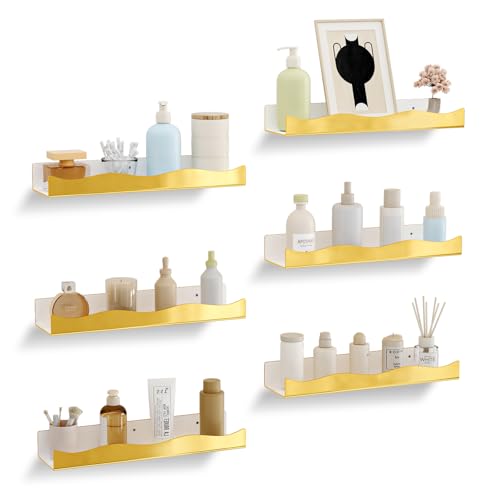 Gold Mirror Acrylic Wall Shelf 15 Inch Glam Floating Shelf for Wall Decor Plants Books Records Spicy Display Luxury Shelf for Bathroom Living Room Kitchen - color: Gold