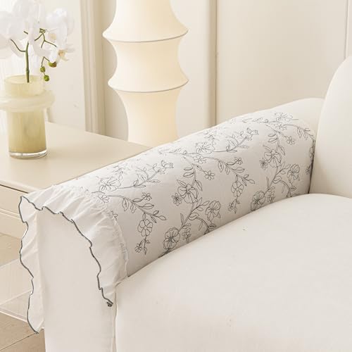 Couch Arm Covers, Cotton Boho Floral Couch Covers for Sofa, Non-Slip Armchair Sofa Slipcovers, Armrest Pads, Pet Friendly Couch Protector for Dogs Washable (1PC, White and Black, 28"X28") - color: Floral White, size: 28"x 28"