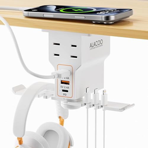 Gaming Headphone Stand with Charging Station - Aluminum Hooks Headphone Holder, Under Desk Headset Stand, 3 USB & AC Outlet, Surge Protector & Cable Organizer, Gift for Girl/Men - color: White