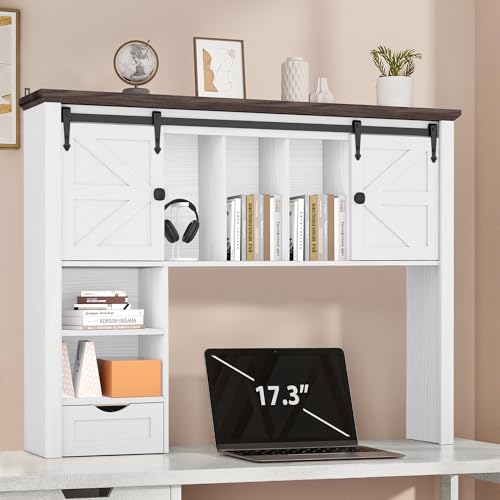 Large Desktop Bookshelf with Sliding Barn Door, 47.2''W Desk Shelf Display Rack, Desktop Organizer Storage Rack with 7 Cubbies and Drawer, Home, Desk Shelf for Office, Dorm, Vanity, White - color: White, size: 47.2"W