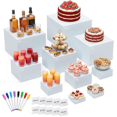 10 Pcs White Acrylic Buffet Risers with Mini Sign and Marker, Food Risers Display Stands for Buffet Table Party Catering Dessert Jewelry Collectibles,Acrylic Cube Nesting Boxes with Hollow Bottoms 8 Sizes (10" 9" 8" 7" 6" 5" 4" 4" 3" 3") - size: 10" 9" 8"