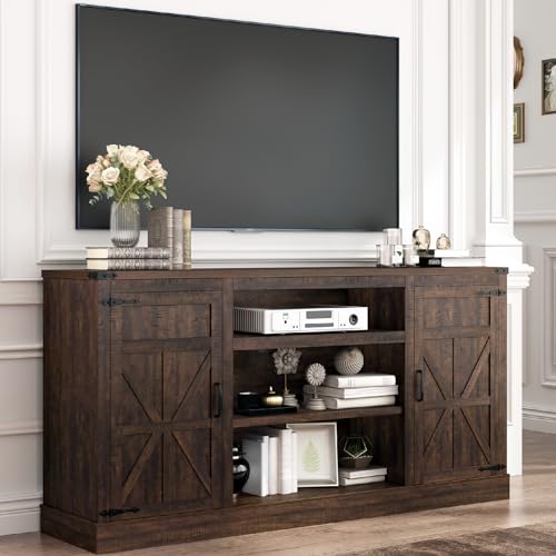 Hlivelood 66" Farmhouse TV Stand with Power Outlets for 75 Inch TVs, 33" Tall Entertainment Center with Storage Cabinets w/Adjustable Shelves, Rustic Large TV Media Console for Living Room, Brown - color: Brown, size: 66in
