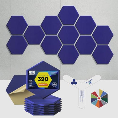 Self-Adhesive Acoustic Panels [390 lbs/yd³ Ultra-High Density], 2nd Generation Sound Absorbing Panel, Professional Level Sound Panel, Polyester Soundproof Foam [Medium Hexagon, Klein Blue] - color: Klein Blue, size: Medium Hexagon (12''x10''x0.4'')
