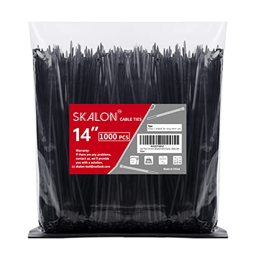 Zip Ties 14 inch (1000 Pack), Black, 50lb Tensile Strength, UV Resistant Cable Ties for indoor and outdoor by SKALON - size: 14" (1000 Pack)