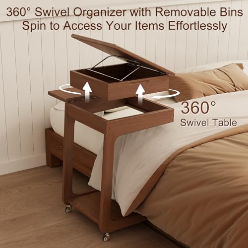 Solid Wood C Shaped End Table for Couch,Walnut C Table with Wheels,Rolling Side Table with Storage,Couch Desk with Adjustable Desktop,Rolling Tv Tray with Folding Shelf,Modern Couch Table - color: Walnut