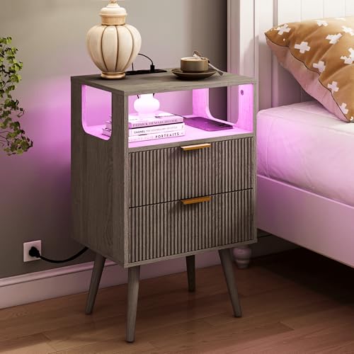 JOONEE Nightstand with Charging Station and LED Lights,Modern Bedside Table with 2 Storage Drawer and Open Wood Shelf, for Bedroom and Small Spaces,Night Stand with Solid Wood Legs,GreyOak - color: Greyoak