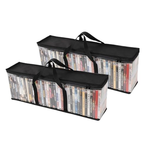 Set of 2 DVD Storage Bags,Transparent PVC Media Storage,Media Organizer Bag for DVDs, CDs, Video Games, VHS Box, Video Game Disks,With Reinforced Carrying handles (2, Large) - size: Large