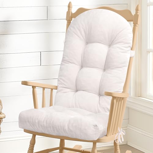 Rocking Chair Cushion - Chenille Fabric, High-Density Sponge, Durable Comfort Non-Slip Bottom Tufted Seat Pads with Ties, Chenille︱White, 44x19x4 inch - color: Chenille | White