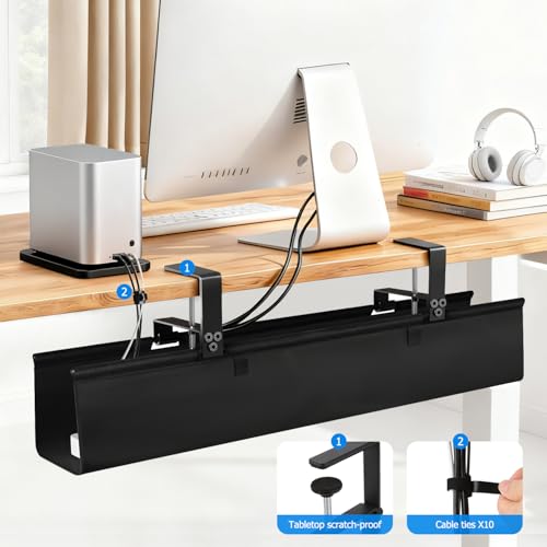 Under Desk Cable Management Tray, 36-Inch Heavy Duty No-Drill Clamp & Screw Mount Cord Organizer, Holds Power Strip & Large Adapters for Home Office, Gaming Desk, Study Room - size: 36"L x 5.5"W