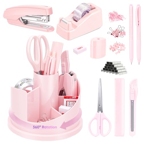 deli Office Supplies Set, Pink Desk Accessory Organizer Kit, Stapler Set, Rotating Multi-Functional Pen Holder, Tape Dispenser, Pens, Binder Clips, Sharpener, Scissor, Eraser, Pink Office Supplies - color: Pink