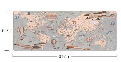 Mouse Pad Gaming, Large Mouse Pads, Non-Slip Rubber Base Mousepad, Keyboard Mouse Mat Desk Pad with Stitched Edges, 31.5x11.8 inch Retro World Map with Balloons and Animals - color: Retro World Map With Balloons and Animals