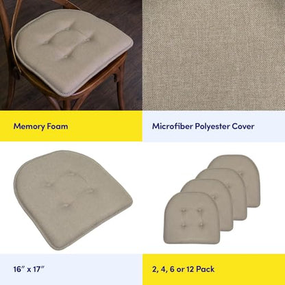 Sweet Home Collection Chair Cushion Memory Foam Pads Tufted Slip Non Skid Rubber Back U-Shaped 17" x 16" Seat Cover, Khaki Gray- 2 Count (Pack of 2) - color: Khaki Gray, size: 4 Pack, style: Foam Pads