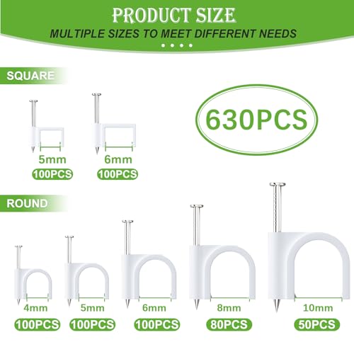 mxuteuk 630PCS Cable Clips with Steel Nails,4/5/6/8/10mm Round and 5/6mm Square White Cable Wire Clips,Wall Clips for Cords,Cable Cord Clips for RG6 RG59 CAT6 RJ45 - color: White-630PCS 4/5/6/8/10mm