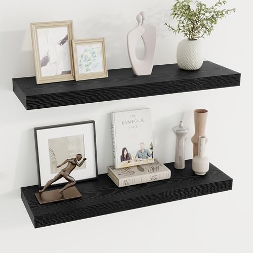 Dreamland 30 Inch Long Floating Shelves in White,8 Inch Deep Floating Shelf for Wall,Large Display & Storage Shelf, Wall Shelf for Bathroom Bedroom Living Room Kitchen Office，Set of 2 - color: Black, size: 30"W x 8"D,Set of 2