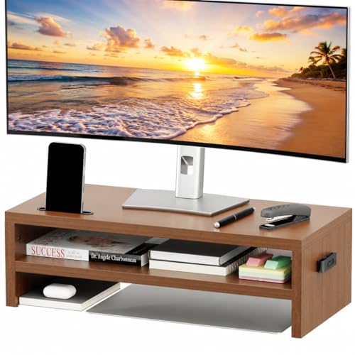 BONTEC Walnut Monitor Stand Riser, 21.3 Inch 2-Tier Wood Desk Shelf for Monitor & Laptop, Desktop Organizer with Cable Management and Phone Holder, Ergonomic Computer Riser, 66 lbs Capacity - color: Walnut, size: 21.3 Inch