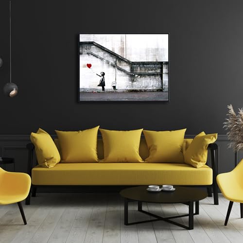 Wieco Art Framed Canvas Wall Art Giclee Canvas Prints of Banksy Grafitti Girl with Red Balloon Abstract Artwork for Wall Decor Home Decorations Black Frame - size: 32"L x 24"W