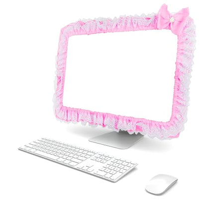 Cute Pink Lace 23"-27" Computer Monitor Screen Dust Cover with Bowknot | Lovely Pink Bow | Lace Trim | Adjustable Elastic Band - color: Pink & White Dot