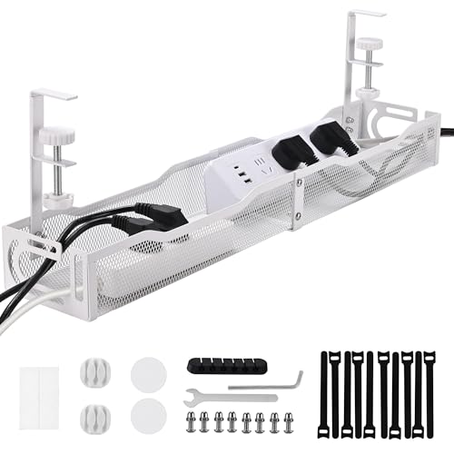Under Desk Cable Management Box 25.3 Inch – Clamp-Mounted Cable Organizer Tray, Large Cord Management Box for Office & Home, Wire Organizer Under Desk Storage, White - color: White-L-Lengthening