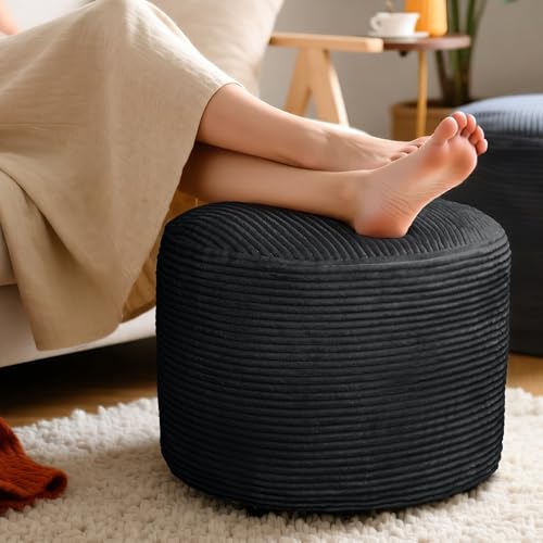 Round Corduroy Ottoman Foot Rest Pouf for Living Room Couch - Soft Plush Shredded Foam Filled Hassock Stool, Comfy Footstool - color: Black, size: 20"D x 20"W x 15"H