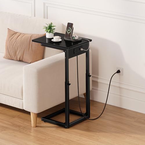 Vagusicc C Shaped End Table with Charging Station, 33"Tall C-Table End Table Adjustable Height Side Table for Couch, Couch Table That Slide Under Sofa Table TV Tray Table for Living Room,Bedroom,Black - color: Black, style: Charging Station