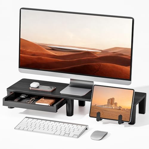 PEGZONE Monitor Stand Riser for Desk, Ergonomic Computer Riser with Storage Drawer, Desktop Shelf Organizer for PC, Laptop, for Home Office
