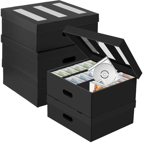 AOBOPLE CD Storage Boxes,5 Pack Stackable CD Organizer Box with Lid,3-Compartment CD Case Holder with Clear Window,Totol Holds 450 Jewel Cases,16.22 x 12.48 x 5.91 inches Cardboard Media Storage - style: 5 Pack 3 Compartment