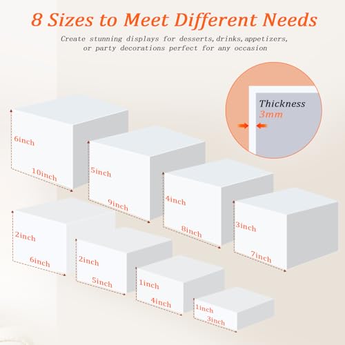 8 PCS Acrylic Buffet Risers Set, White | Versatile Display Stands, 3" to 10" Sizes, For Dessert Tables, Collectibles & Party Food Presentation