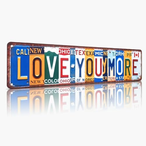 MOSM Love You More License Plate Metal Sign, Romantic Gift for Couples, Wife or Girlfriend, 4x15 Inch Aluminum Wall Decor for Bedroom, Entryway & Above Door Frame - color: UP-Love You More